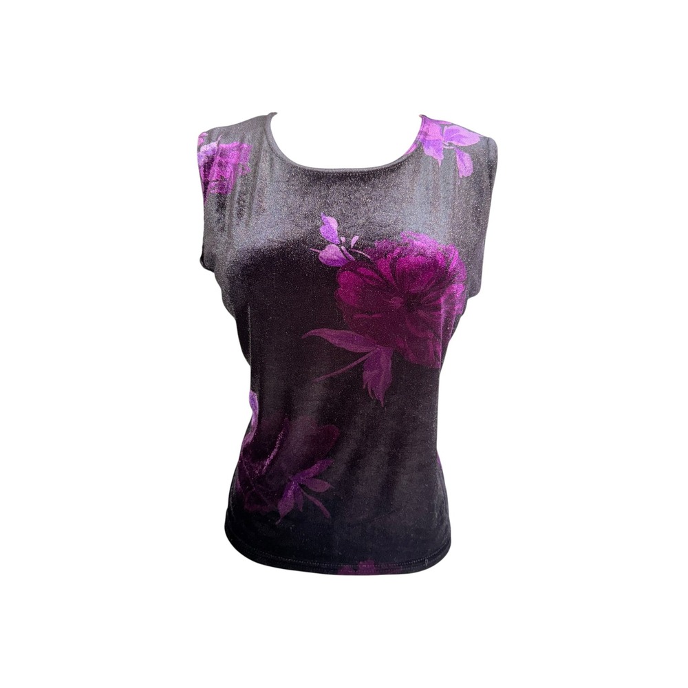 Purple Floral Velvet Glitter Tank Top Sleeveless Rose Shimmer Shirt Medium